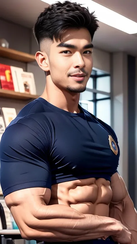 korea male male model sit on the table , big muscles, handsome, cool, smoothly combed hair, pierced ears, wearing a t-shirt navy top, holding a lollipop, portraiture, modeling, dynamic pose, Japanese street, late at night, store lights trade, full half bod...