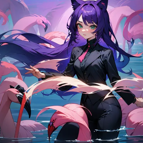 woman in a black pantsuit stands in the water surronded by ((flamingos)), long purple hair, green eyes, cat ears, high image quality, detailed face 