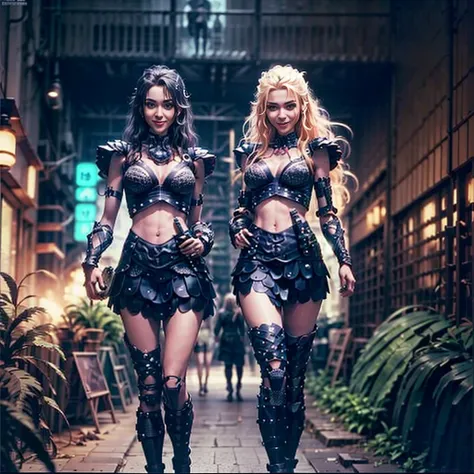 masterpiece, best quality, 2 ((smiling)) cyberpunk girls standing together, cyberpunk harajuku harness, bold colors and patterns...