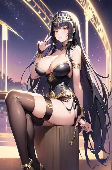 ((Anime illustration)),At the resort pool on a moonlit night,Beautiful night view,((Black-haired Cleopatra)),Beautiful black bikini,((Gorgeous big breasts shining)),Lace Top Stockings,Knee-high boots,garter belt,Long satin gloves,(Laughing with your finger...