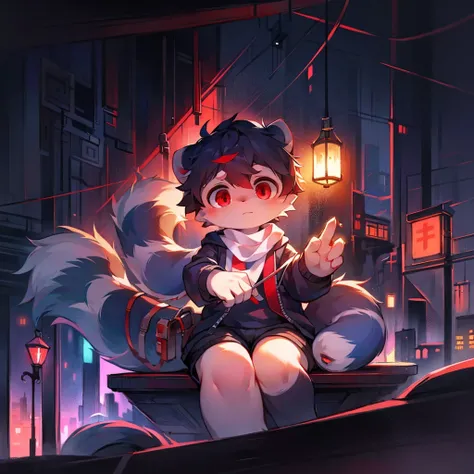 highest image quality，delicate painting style，delicate hook line，Masterpieces，thin skin，delicate hair，delicate hands，delicate eyes，normal eyes，Common raccoon ears，woolly，red eyes，elegant，（（white scarf）），raccoon style，shota，cyberpunk, red pupils, Night view...