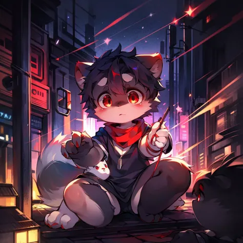 highest image quality，delicate painting style，delicate hook line，Masterpieces，thin skin，delicate hair，delicate hands，delicate eyes，normal eyes，Common raccoon ears，woolly，red eyes，elegant，（（white scarf）），raccoon style，shota，cyberpunk, red pupils, Night view...