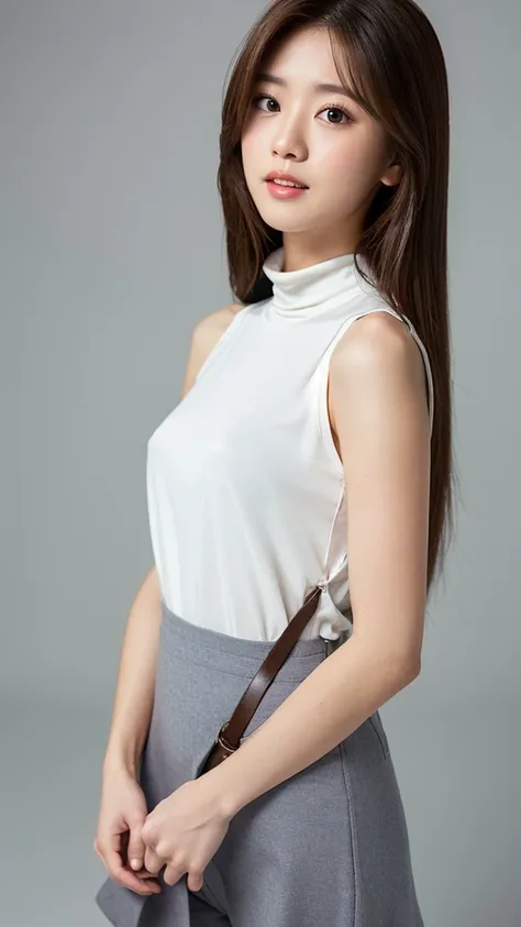 (Detailed face),((From the crotch up)),chest,cute,Sleeveless and(turtleneck)White silky clothes,4K,Ultra-high resolution,（Photorealistic：1.7）,Gray background,Long Hair,