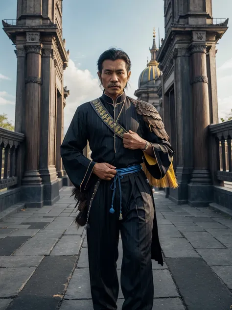 Futuristic Indonesian man aged 40 years, medium hair, wearing black and blue striped fantasy warrior robes, black drawstring trousers with yellow stripes, carrying an eagle on his shoulder, background of classic palace and old wooden bridge, realistic UHD ...