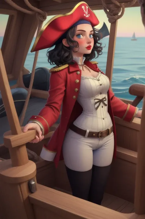 (masterpiece:1.5), beautiful girl, 1girl, pirate captain, inside boat cabin, wooden boat, skin tight, black and red coat, pirate costume, fucked silly, anal, black hair, medium hair, blue eyes, revealing clothes, red lips, blush,  