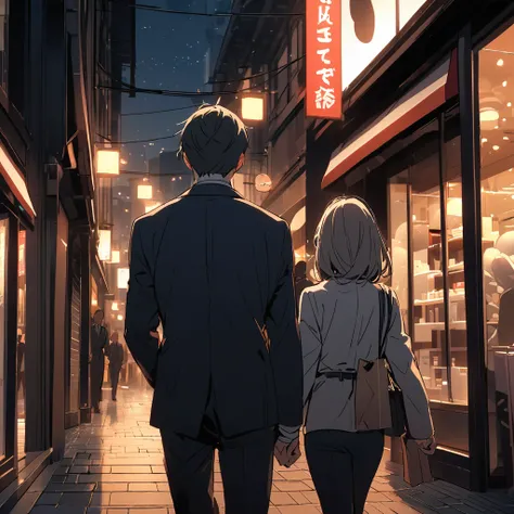 Back view of a couple in suits walking down a shopping street at night