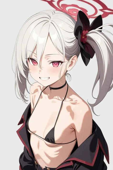 best quality, amazing quality, very aesthetic, absurdres, (1girl, mutsuki, blue archive, solo, red eyes, white hair, side ponytail), (artist official art:1.5), (realistic face:0.7), (grin, lowleg bikini, ), (cowboy shot), (glowing eyes:1.3), (half closed e...