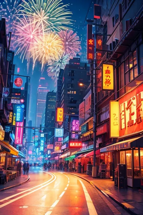 Highest quality、Landscape painting、firework、Neon lights in the city