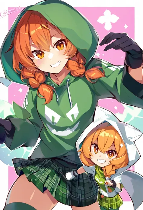 a drawing of a girl in a green hoodie and black gloves, [[[[grinning evily]]]], orange hair, braids in front, orange eyes, green miniskirt, green stockings with black check, in a hoodie, green hood, by Kamagurka, chihiro! fujisaki, madeline from celeste, g...