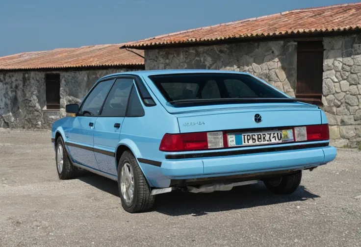 A Curacao blue Škoda Felicia GLX sports car is parked on the road 66, its sleek design and pop-up headlight standing out against the gravel. The cars black roof and blue castle add a pop of color to the scene.