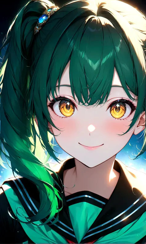 anime gile portrait,kawaii,fantastic style,Emerald green hair, side ponytail, gold eyes, smile, sailor suitmasterpiece,best quality,ultra detailed,ultra high definition,high resolution,16k,ultra vibrant,natural light,starlight,soft light,