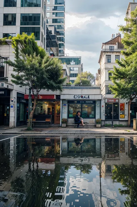 Create a pixel art scene of a cityscape with a simple building. Include a pathway with someone sitting on a bench. The scene should have a rainy atmosphere but with a clear sky, evoking a sense of quiet and tranquility.