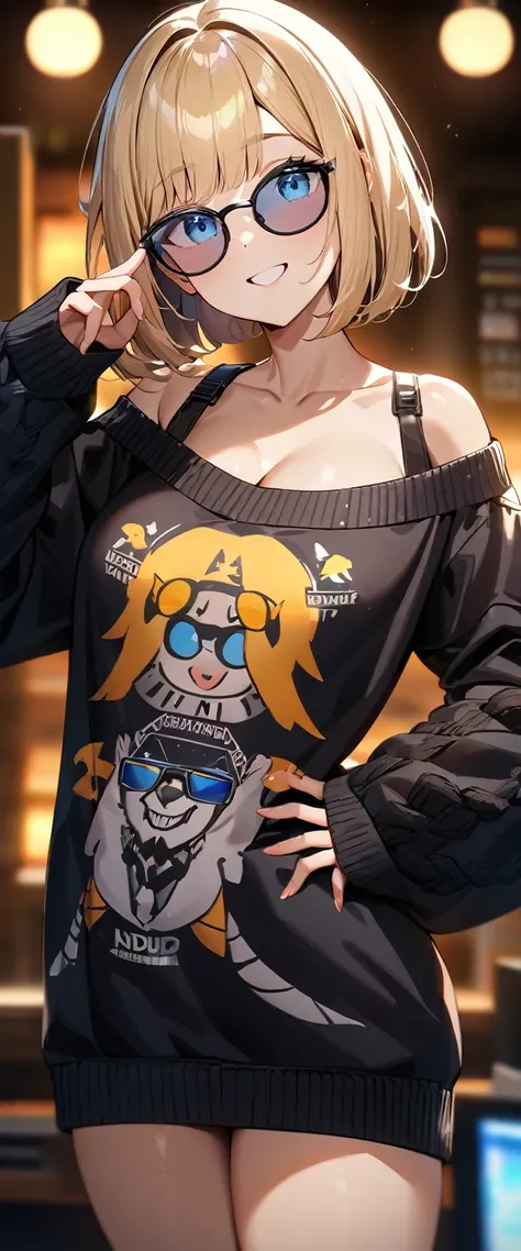 (((One girl))), blond hair, ((sunglasses, hand to sunglasses)), ((one hand on hip)), (bob cut:1.3)), breasts, cleavage, (cowboy shot), standard body, (looking at viewer), oversized clothes, puffy long sleeves, collarbone, ((off-shoulder sweater dress:1.3, ...