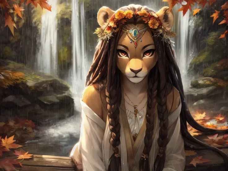 (tsampikos), lion girl with detailed fur, floral headdress, sitting on a wooden bridge in a forest near a waterfall, raining, dripping wet, autumn leaves, looking at viewer, detailed eyes, good anatomy, long dreadlock hair, best quality, uploaded to e621, ...