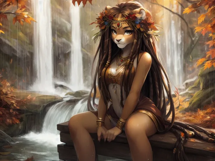 (tsampikos), lion girl with detailed fur, floral headdress, sitting on a wooden bridge in a forest near a waterfall, raining, dripping wet, autumn leaves, looking at viewer, detailed eyes, good anatomy, long dreadlock hair, best quality, uploaded to e621, ...