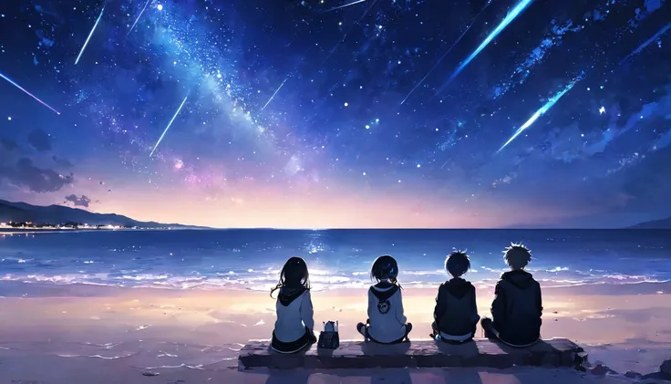 Sitting and looking at the sea２people、Boys and Girls、teenager、cyber punk、Beach、Starry Sky