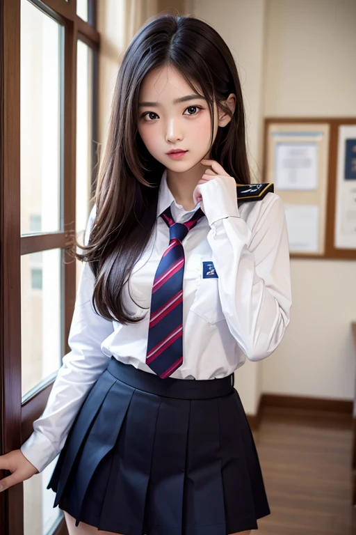 Highest Resolution, 4K, masterpiece, high school girl,uniform, 18-year-old, Women&#39;s photos,  ((Beautiful posture))、Big eyes, Cleavage、Thighs, Realistic teeth, double eyelid, (whole body),((Braided short tail)) Highest quality, Familiar, beauty, Adorabl...