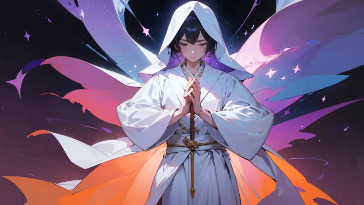 A mysterious figure in a white robe standing at the center of the world, surrounded by countless stars and cosmic nebulae, extending his hands as if creating and shaping the entire world, ,in the style of the stars art group xing xing, 32k, best quality, m...