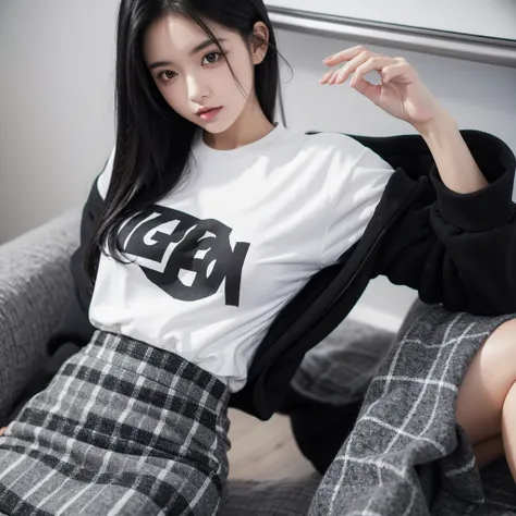 Girl with black hair, black sweatshirt, White shirt, gray plaid skirt and black measurements 