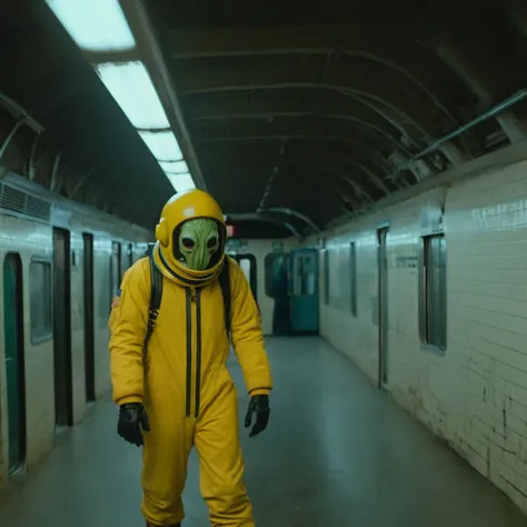 horror-themed,  in an ancient and mysterious subway a person wearing a yellow helmet with yellow spikes on it carcosa city style...