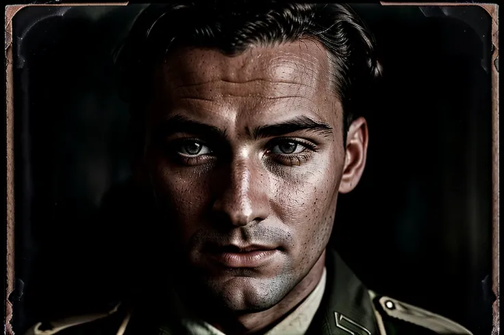 powerful vintage wet-plate close up portrait photo of a soldier, world war 2 photo, authentic film grain, daguerreo still 35mm photo by Alessio Albi and Charlie Bowater