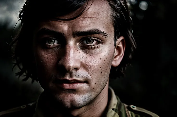 powerful vintage wet-plate close up portrait photo of a soldier, world war 2 photo, authentic film grain, daguerreo still 35mm photo by Alessio Albi and Charlie Bowater