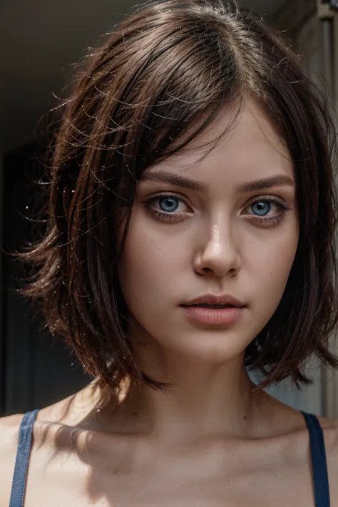 bob cut dark haired girl with blue eyes, detailed, masterpiece, high quality, 16K RAW HD Photography