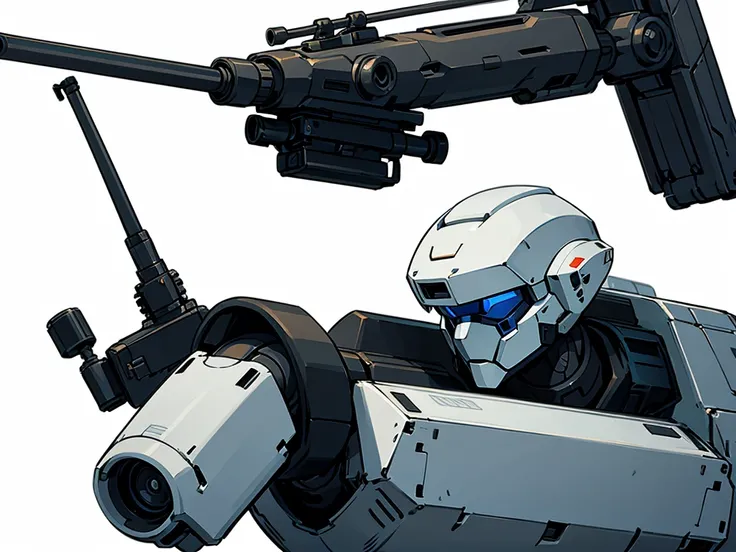 Illustration of a military-looking robot looking sideways with a large sniper rifle on a white background