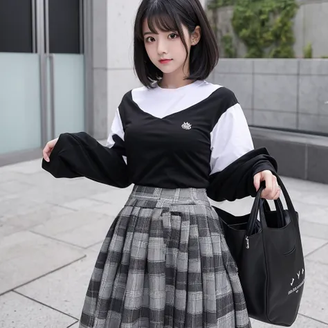 Girl with short medium black hair, black sweatshirt, White shirt, gray plaid skirt and black measurements