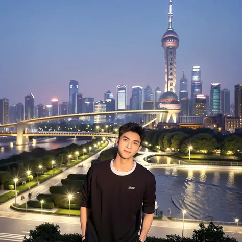 Masterpiece, best quality, height, Ultra high resolution,TRUE, photoTRUEistic,young man,handsome face,evening,natural light,look at viewer,outdoor,full body,smile,round face,short hair,Eye details,Shanghai city road,night scenery