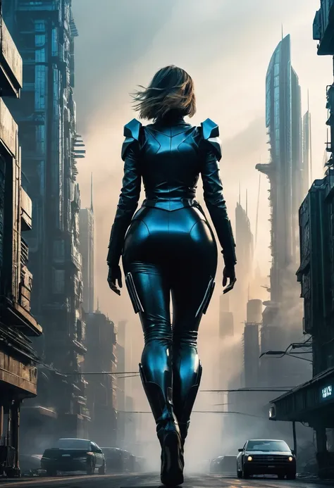 image taken from under the skirt of a giant girl bigger than the buildings, She is walking between the buildings of an ultrafuturistic North American megalopolis city, the city has many metallic buildings and houses in dark colors, from dark blue to black,...