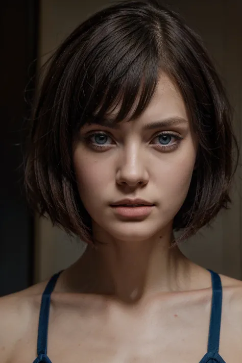 bob cut dark haired girl with blue eyes, detailed, masterpiece, high quality, 16K RAW HD Photography