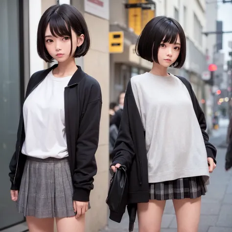 Girl with short medium black hair, black sweatshirt, White shirt, gray plaid skirt and black measurements