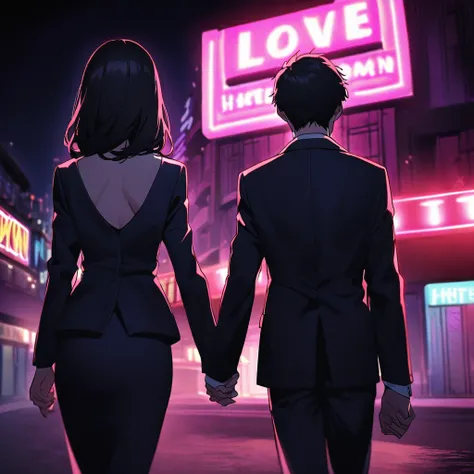 Back view of a couple in suits walking hand in hand through a love hotel district at night、The woman is wearing a skirt suit and has long, black hair.