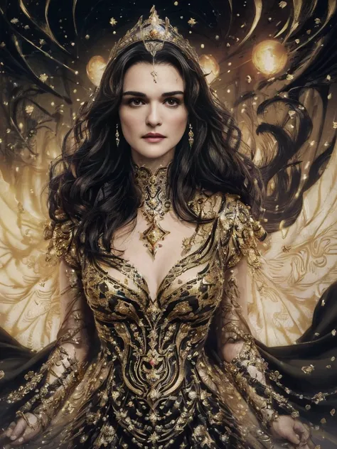 woman "rachel weisz" de arad in a light yellow dress with black and gold details, a beautiful fantasy empress, palace，full body ...