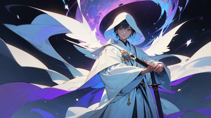 A mysterious figure in a white robe standing at the center of the world, surrounded by countless stars and cosmic nebulae, extending his hands as if creating and shaping the entire world, ,in the style of the stars art group xing xing, 32k, best quality, m...