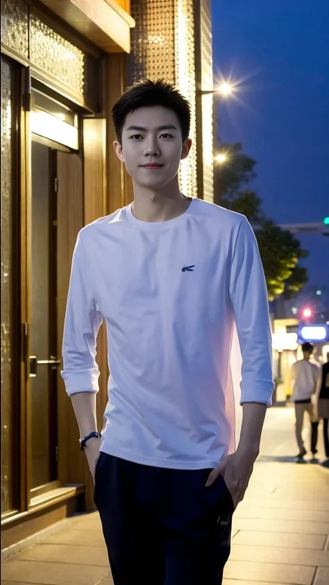 Masterpiece, best quality, height, Ultra high resolution,TRUE, photoTRUEistic,young man,handsome face,evening,natural light,look at viewer,outdoor,full body,smile,round face,short hair,Eye details,Shanghai city road,night scenery