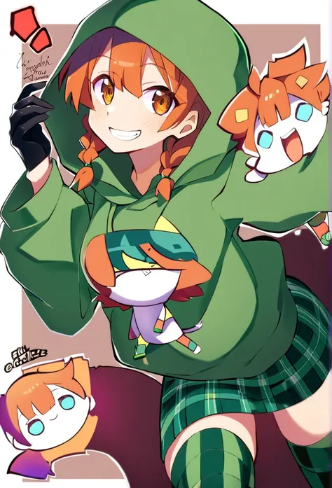 a drawing of a girl in a green hoodie with creeper print on the hood, and black gloves, [[[[grinning evily]]]], orange hair, braids in front, orange eyes, green miniskirt, green stockings with black check, in a hoodie, green hood, by Kamagurka, chihiro! fu...