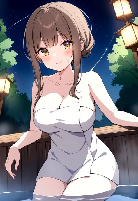 slender, mature female,towel, star_(sky), starry_sky, sky, onsen, night, 1girl, rating:safe, solo, breasts, night_sky, brown_hair, soaking_feet, naked_towel, water, steam, large_breasts, sidelocks, blush, lantern, smile, outdoors, cleavage, collarbone, loo...