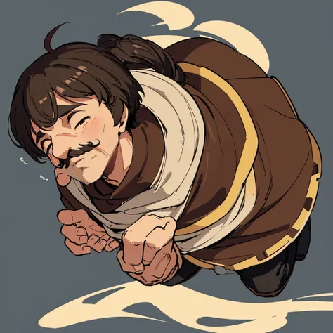 ((((Solo))))、Highest quality, Best Quality,Best illustrationiddle ages、(((Simple brown robe、Black shoes)))、(40-year-old uncle、mature、Kaiser moustache)、(LOL)、fight、(From above、profile)、Get down on one knee on the ground