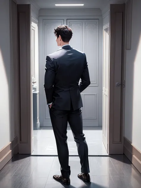 (masterpiece:1.2), high quality, high resolution, a man, ((standing in front of two doors)), back view, wearing a suit, realistic lighting, detailed texture, professional setting, cinematic