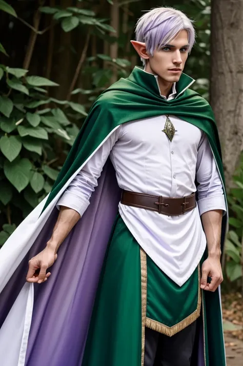 A tall male elf with short violet and white hair and green eyes wearing a cape 