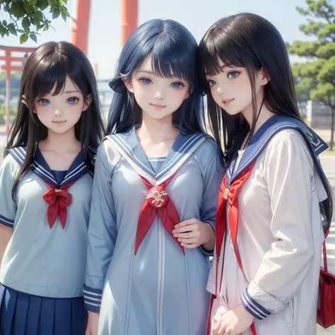 best quality, masterpiece, 

Three Japanese-high-school-girls, 

looking straight ahead and striking a gutsy pose are standing (separately:1.4), side by side, 

wearing  a short-sleeved Japanese-blue-high-school-sailor-suit,

(Japanese-blue-high-school-sai...