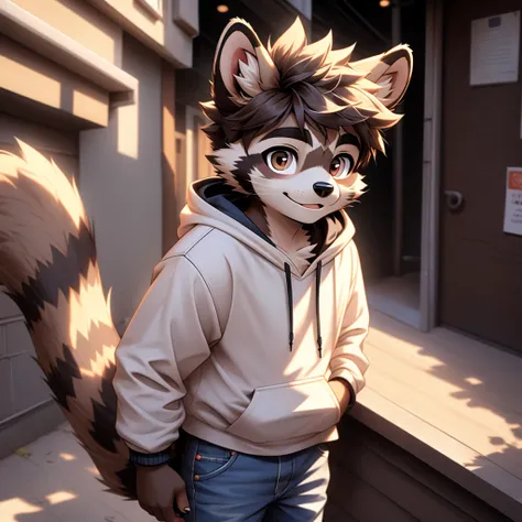 a common raccoon, furry, furry boy, 15 years old, common raccoon 17 years old, teenage furry shota, with brown eyes, brown eyes,...