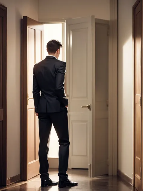 (masterpiece:1.2), high quality, high resolution, a man, ((standing in front of two doors)), back view, wearing a suit, realistic lighting, detailed texture, professional setting, cinematic