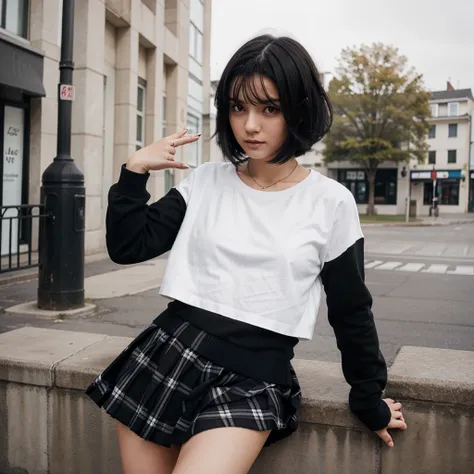 Girl with short medium black hair, plaid skirt, black sweater, white t-shirt 