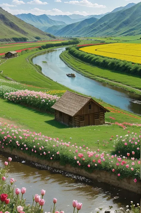 A big valley filled with rose flowers, Jasmine flowers and tulip flowers.
A river flowing under the valley.
Beautiful butterflies around the flowers.
A Shepard and his sheeps.
A small wood house.