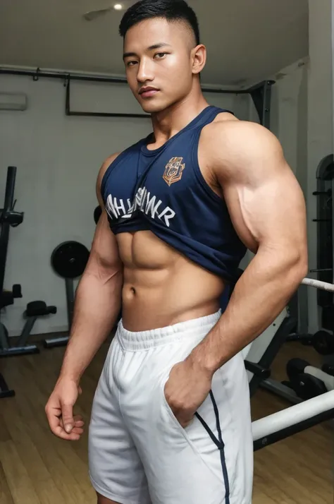 masterpiece, best quality, high resolution, realistic, handsome, photogenic, syahnk, SFW, a photo of a 35 year old gym frat (man:1.2) portrait, standing in a gym , military press, weights, stunning , short buzzcut hair,stubble head , (hypermuscle),looking ...