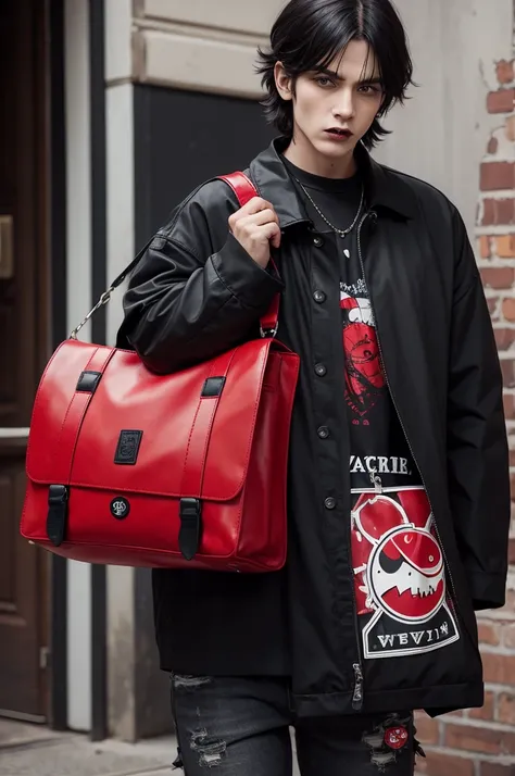 Black ecobags with red details and a bat as a print. Vampire and rocker style