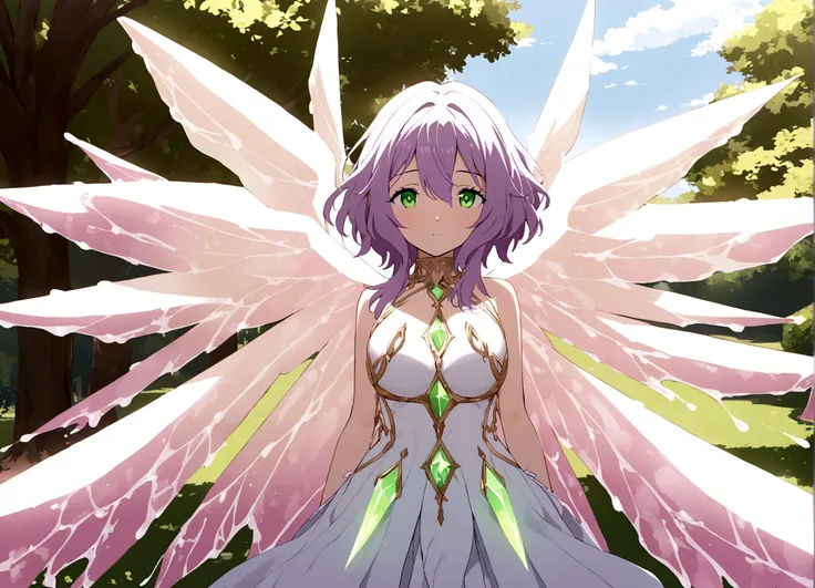 A eldritch angel (central body of a violet lion, 6 pairs of radiant crystal wings, numerous white tentacle eyestalks with neon green eyes) has appeared in a holy corona and approaching the viewer set in a park in daytime
